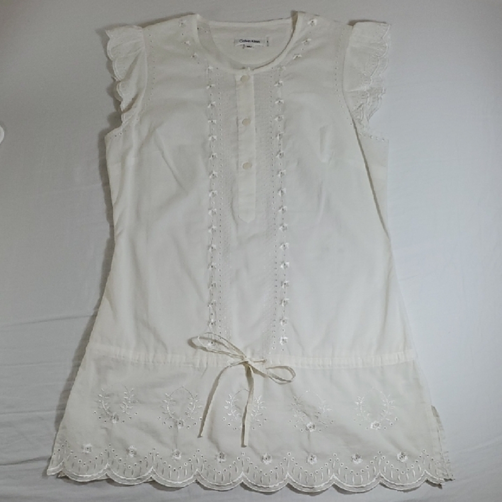 Women's Calvin Klein White/Cream Embroidered Dress Inlet Size Small